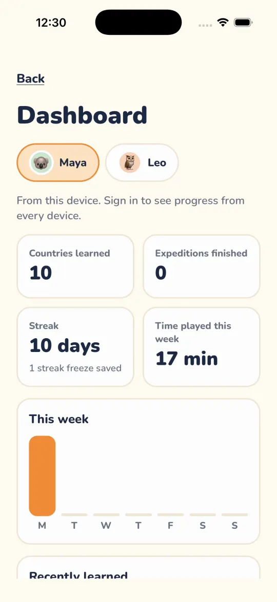 Parent dashboard for Maya: 10 countries learned, a 10-day streak and 17 minutes played this week