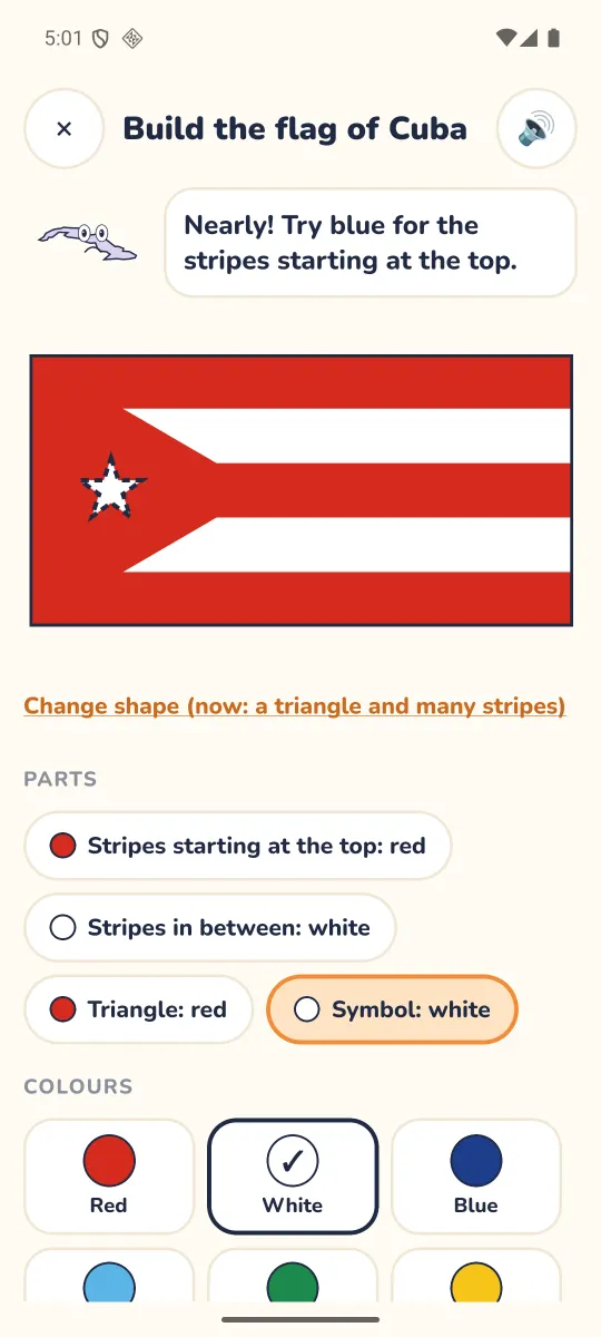 Flag builder: the flag of Cuba half built, with colour choices for its stripes and triangle