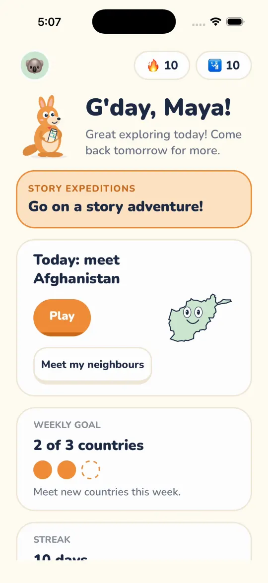 Atlaroo home screen: Roo says G'day, Maya! with today's country to meet, a story expedition card and a 10-day streak