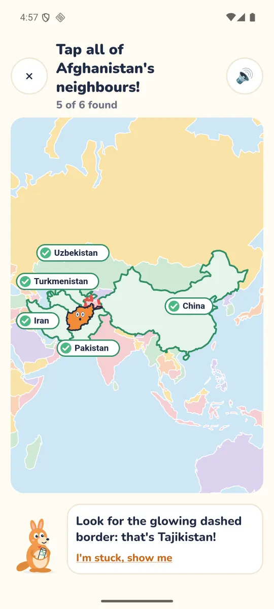 Who's my neighbour: Afghanistan's bordering countries are ticked off on the map, five of six found