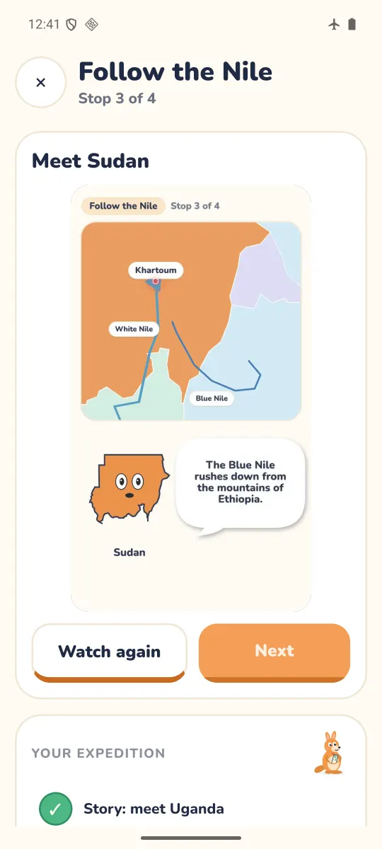 Follow the Nile, stop 3 of 4: Sudan's character explains that the Blue Nile rushes down from the mountains of Ethiopia