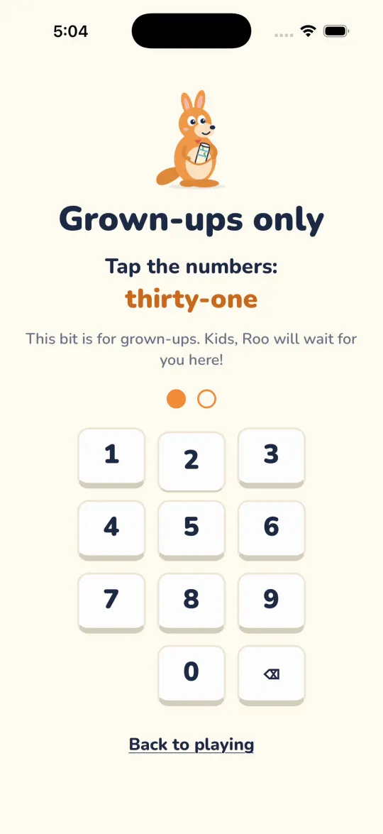 The parental gate: Grown-ups only. Tap the numbers: thirty-one, on a number keypad