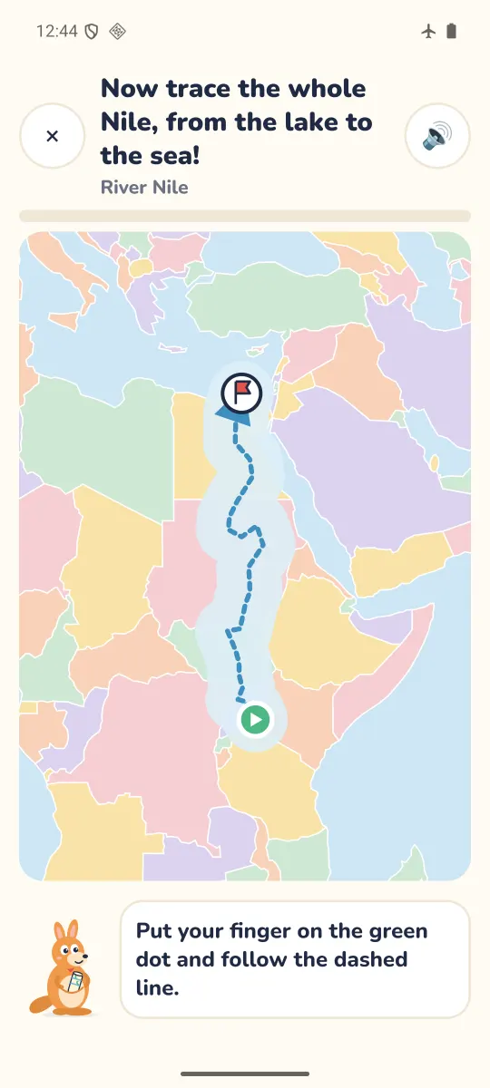 Route trace: a dashed line follows the River Nile from the lake to the sea, with a finger-tracing prompt from Roo